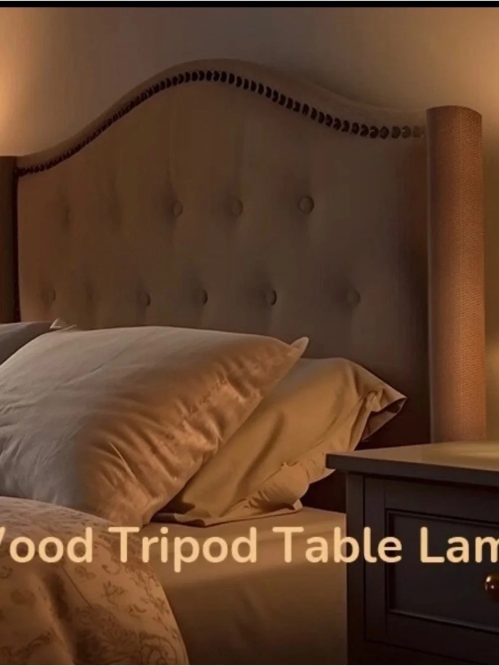 EDISHINE Wood Tripod Small Table Lamp Linen Beige Lampshade, Nightstand Lamp